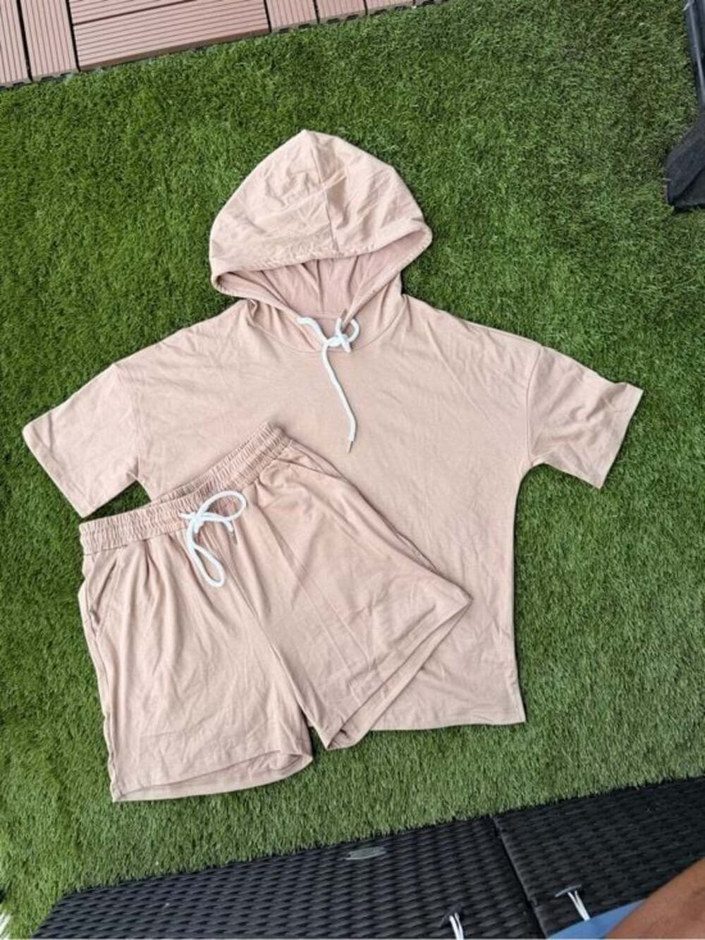 Matching Lounge Set Medium | Beige Hooded Tee & Shorts Two Piece Casual Outfit